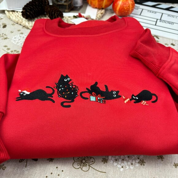 Christmas Cute Cat Embroidered Sweatshirt, Embroidered Funny Christmas Hoodie - Picture 5 of 7